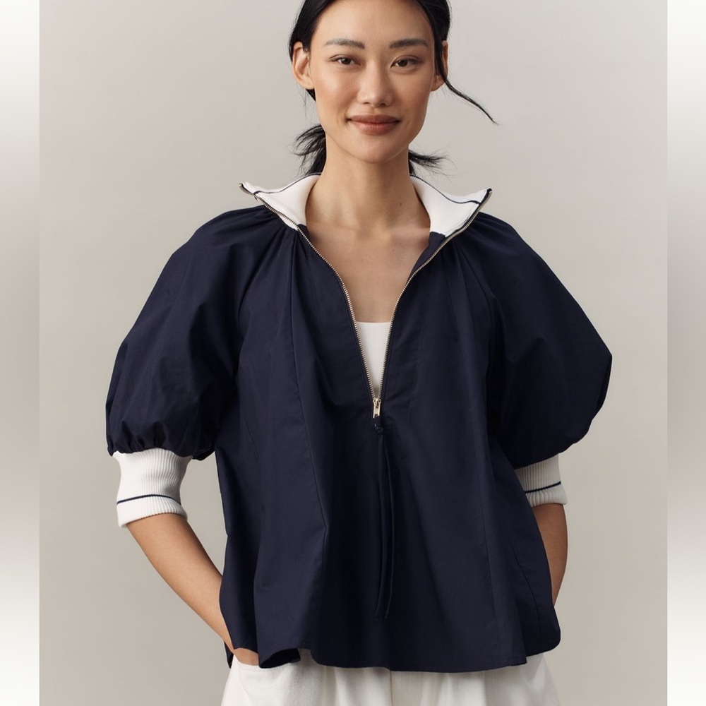 Anthropologie Navy & White Zip Puff-Sleeve Blouse